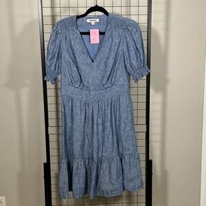 Boden Blue Chambray V-Neck Midi Dress with Puff Sleeves